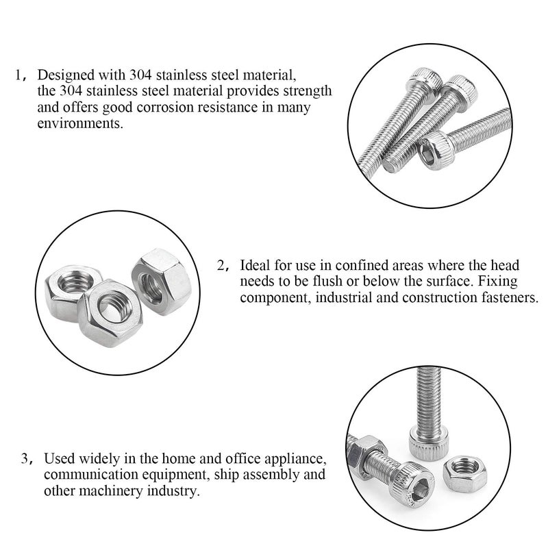 DYWISHKEY 70 Pieces M5 x 20mm/25mm/30mm/35mm/40mm Stainless Steel 304 Hex Socket Head Cap Bolts and Nuts Kit - Image 4
